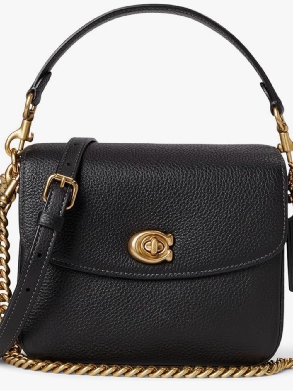 Black Leather Top-Handle Crossbody Bag with Gold Hardware